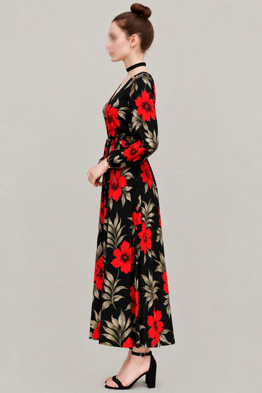 Women’s Black Floral Maxi Dress – Red Hibiscus Print, V-Neck & Long Sleeves