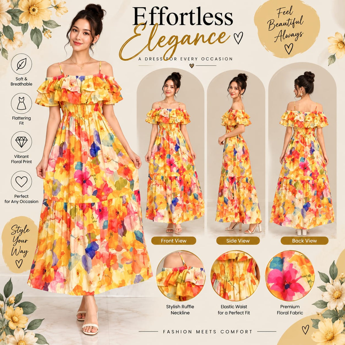 Women’s Floral Maxi Dress – Yellow Multicolor Print, Off-Shoulder Ruffle & Smocked Waist
