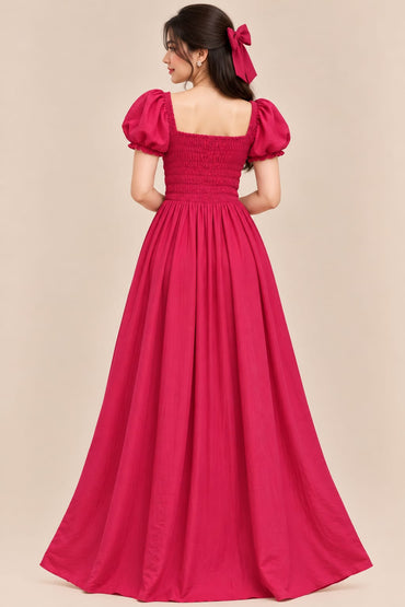 Women’s Pink Maxi Dress – Solid Fuchsia Color, Square Neck, Puff Sleeves & Smocked Waist