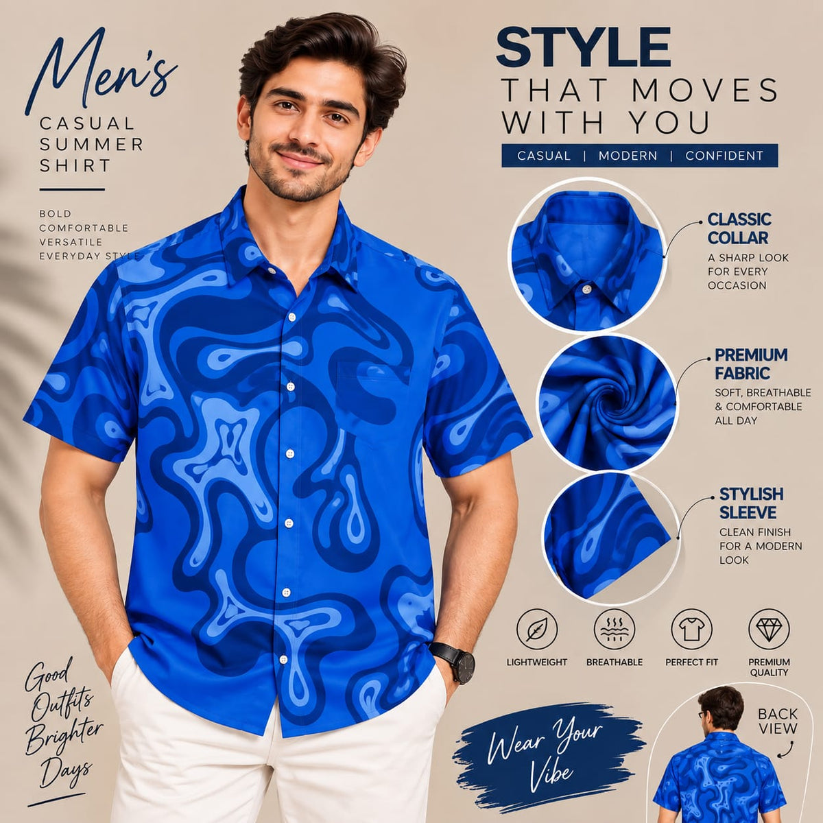 Men’s Blue Abstract Print Short Sleeve Shirt – Casual Summer Shirt