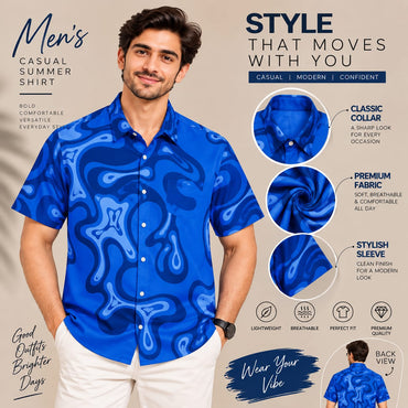 Men’s Blue Abstract Print Short Sleeve Shirt – Casual Summer Shirt