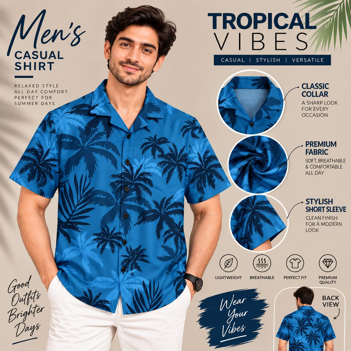 Men’s Blue Palm Print Shirt – Short Sleeve Casual Summer Shirt