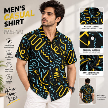 Men’s Black Geometric Print Shirt – Short Sleeve Casual Summer Shirt