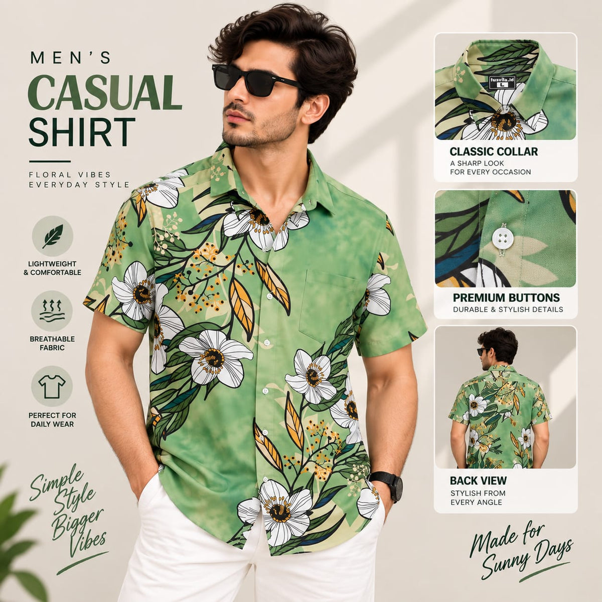 Men’s Green Floral Print Shirt – Short Sleeve Casual Summer Shirt