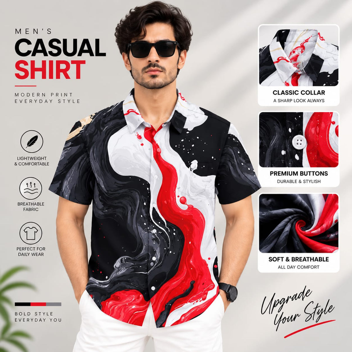 Men’s Black Red Marble Print Shirt – Short Sleeve Casual Shirt