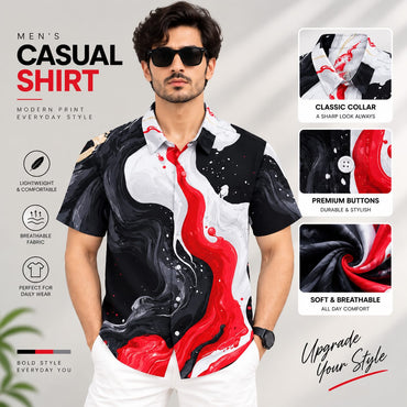Men’s Black Red Marble Print Shirt – Short Sleeve Casual Shirt