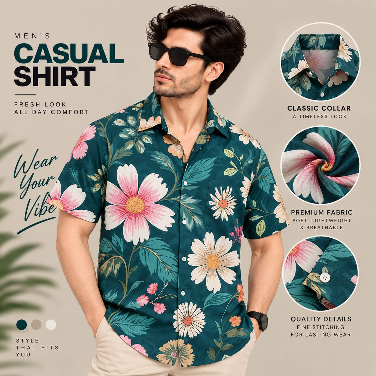 Men’s Teal Floral Print Shirt – Short Sleeve Casual Hawaiian Shirt