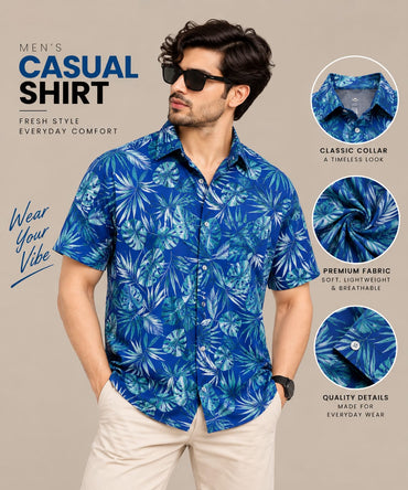 Men’s Blue Tropical Leaf Print Casual Shirt