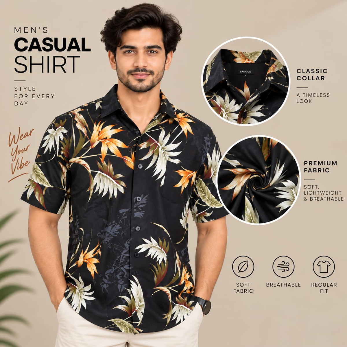 Men’s Black Floral Print Casual Shirt