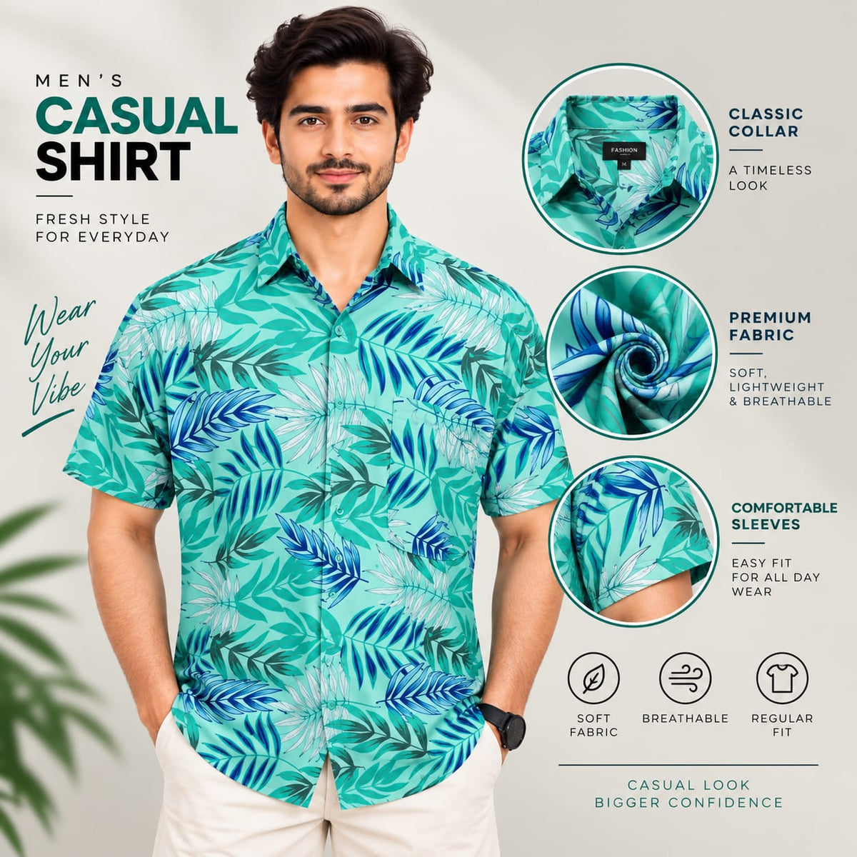 Men’s Tropical Leaf Print Casual Shirt – Short Sleeve Hawaiian Shirt