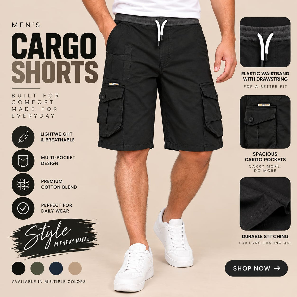 Men’s Black Cargo Shorts – Multi-Pocket Casual Wear