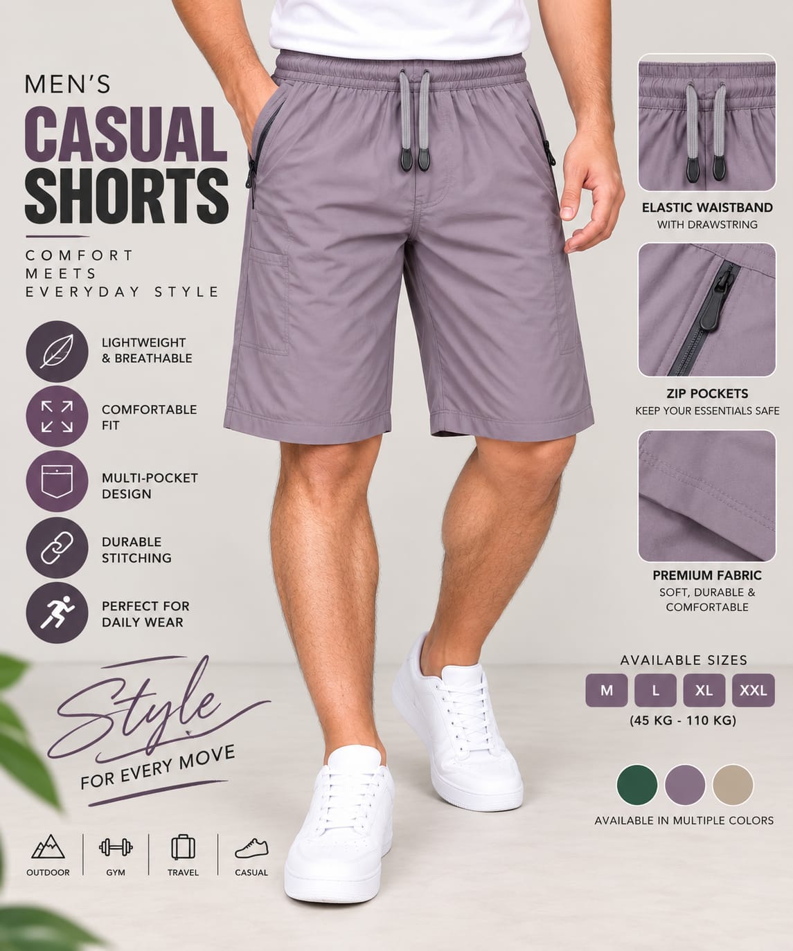Men’s Light Purple Casual Shorts – Zip Pocket Everyday Wear
