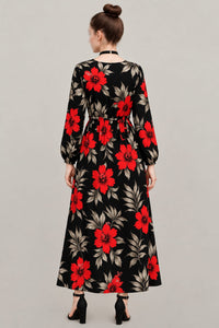 Women’s Black Floral Maxi Dress – Red Hibiscus Print, V-Neck & Long Sleeves