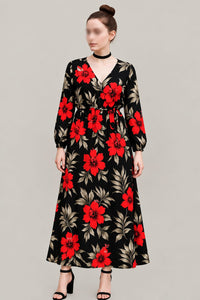 Women’s Black Floral Maxi Dress – Red Hibiscus Print, V-Neck & Long Sleeves