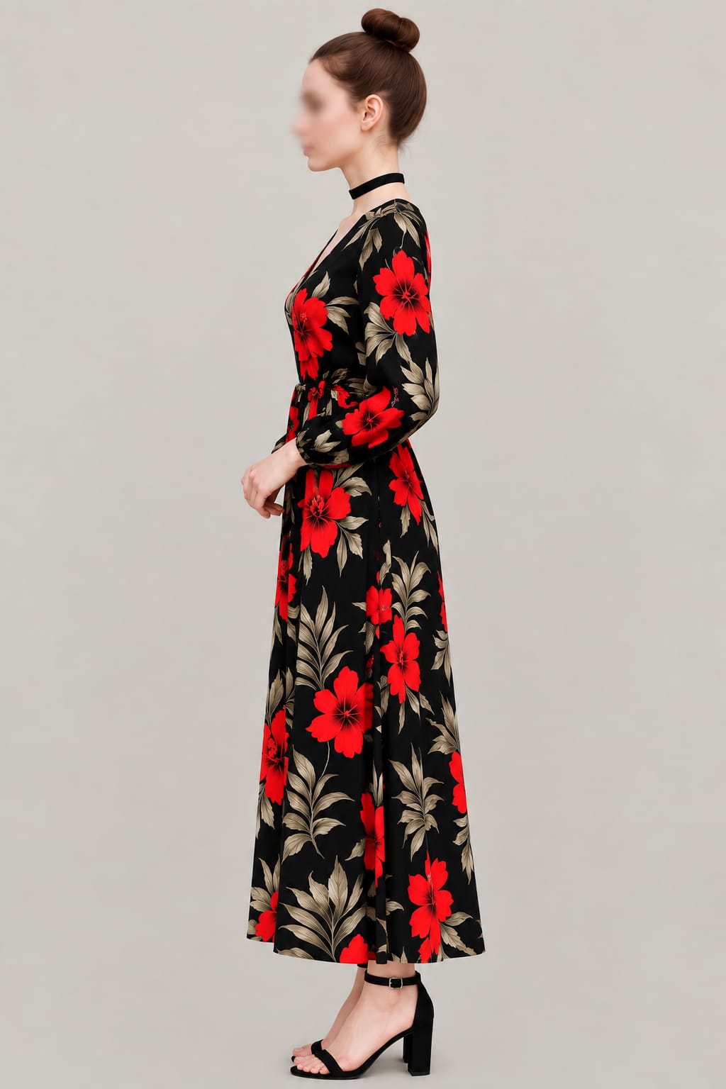 Women’s Black Floral Maxi Dress – Red Hibiscus Print, V-Neck & Long Sleeves