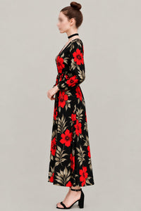 Women’s Black Floral Maxi Dress – Red Hibiscus Print, V-Neck & Long Sleeves