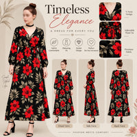 Women’s Black Floral Maxi Dress – Red Hibiscus Print, V-Neck & Long Sleeves