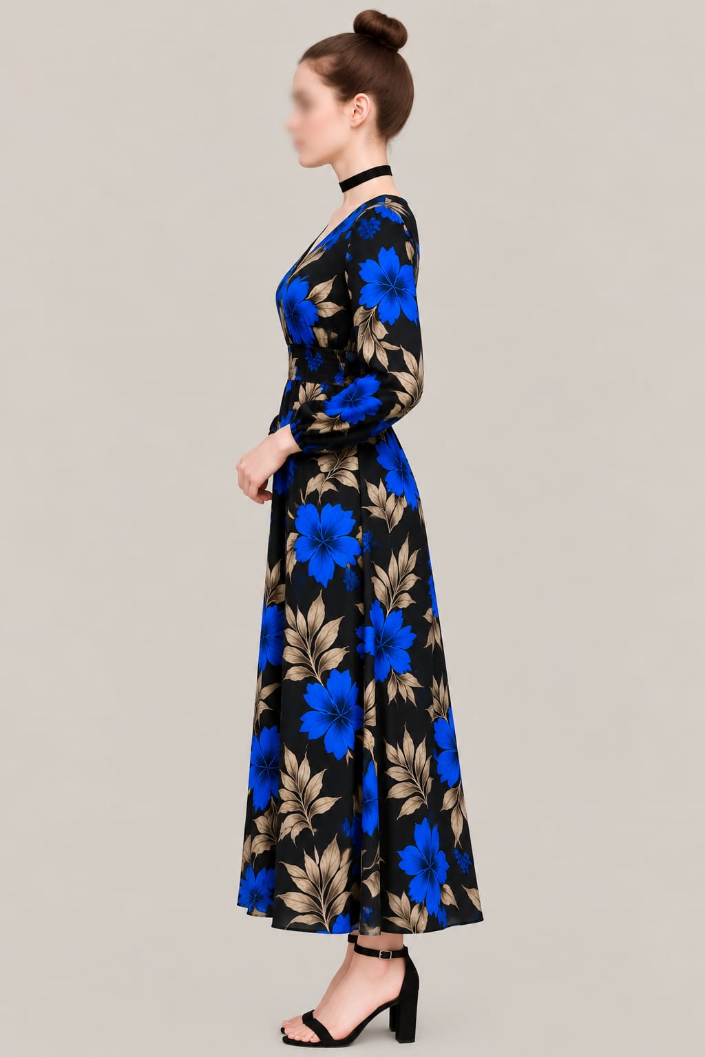 Women’s Black Floral Maxi Dress – Blue Flower Print, V-Neck & Long Sleeves