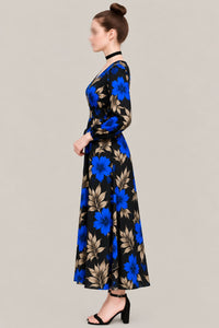 Women’s Black Floral Maxi Dress – Blue Flower Print, V-Neck & Long Sleeves