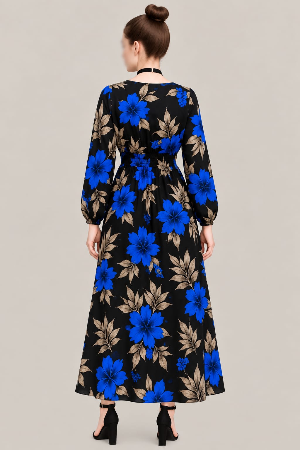 Women’s Black Floral Maxi Dress – Blue Flower Print, V-Neck & Long Sleeves