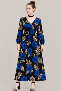Women’s Black Floral Maxi Dress – Blue Flower Print, V-Neck & Long Sleeves