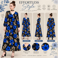 Women’s Black Floral Maxi Dress – Blue Flower Print, V-Neck & Long Sleeves