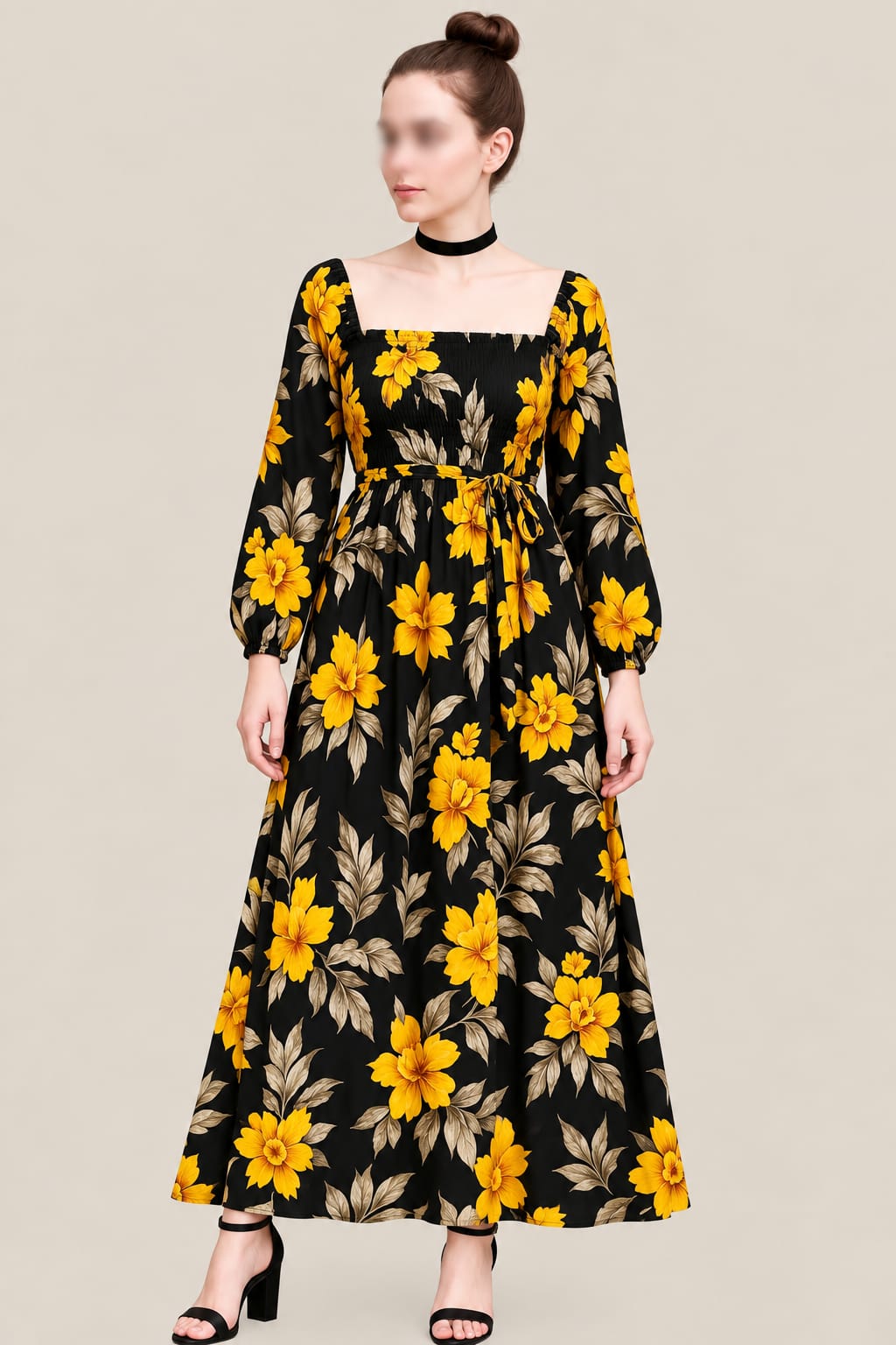 Women’s Black Floral Maxi Dress – Yellow Flower Print, Square Neck & Long Sleeves