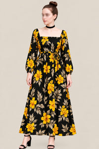 Women’s Black Floral Maxi Dress – Yellow Flower Print, Square Neck & Long Sleeves