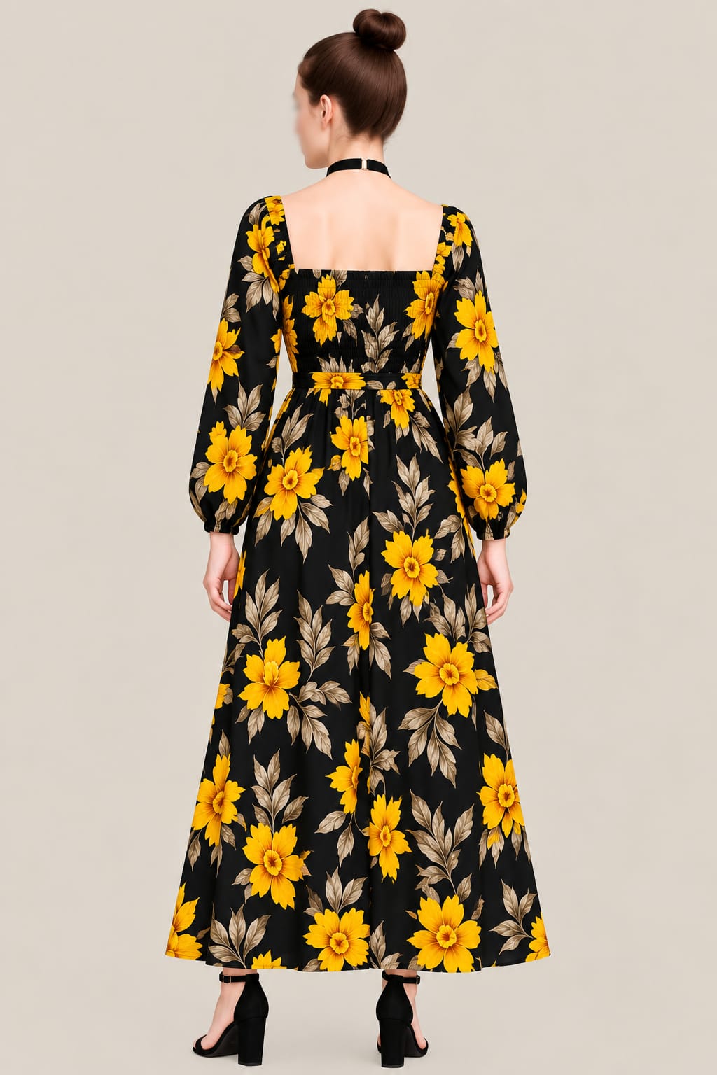 Women’s Black Floral Maxi Dress – Yellow Flower Print, Square Neck & Long Sleeves