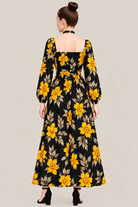 Women’s Black Floral Maxi Dress – Yellow Flower Print, Square Neck & Long Sleeves