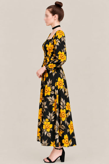 Women’s Black Floral Maxi Dress – Yellow Flower Print, Square Neck & Long Sleeves
