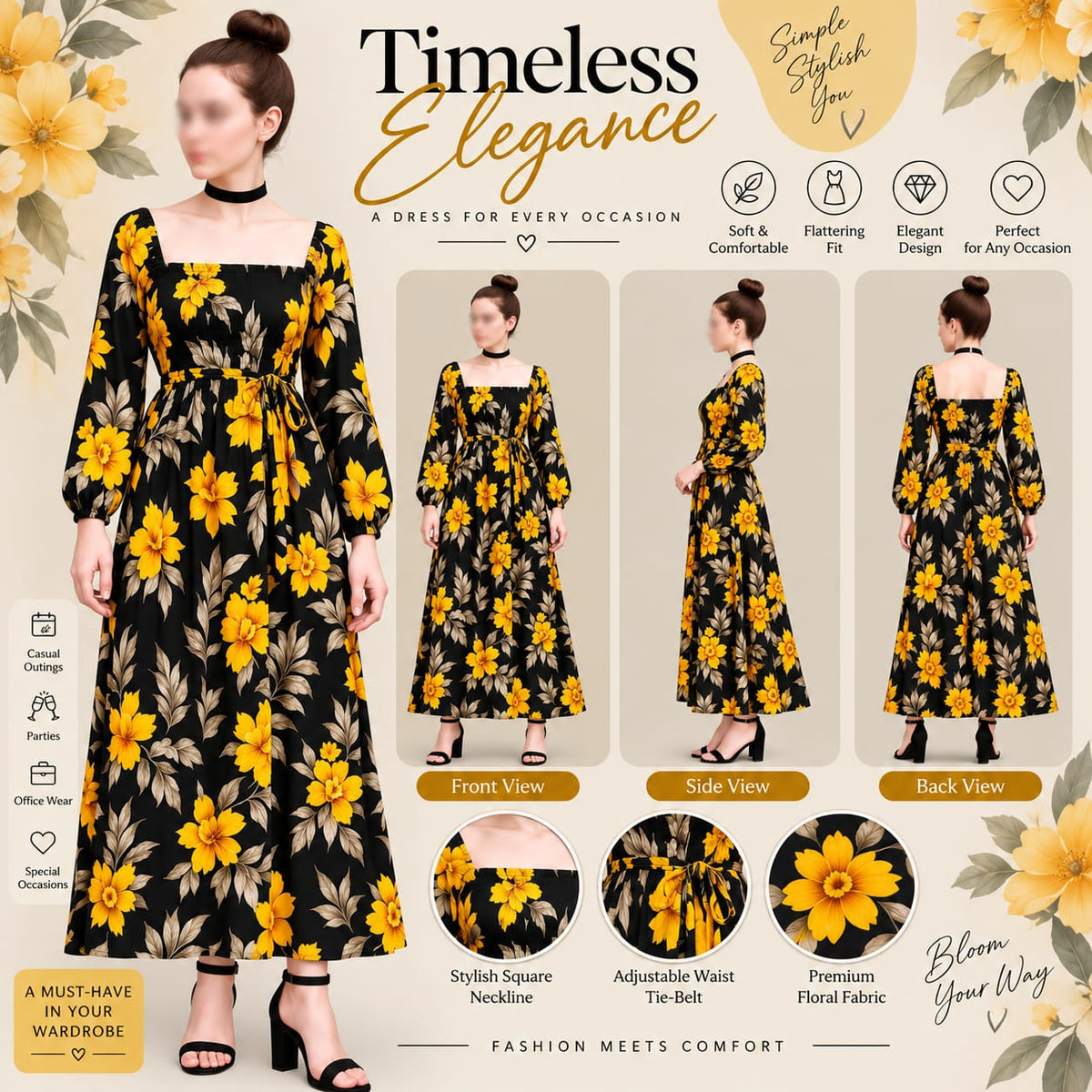 Women’s Black Floral Maxi Dress – Yellow Flower Print, Square Neck & Long Sleeves