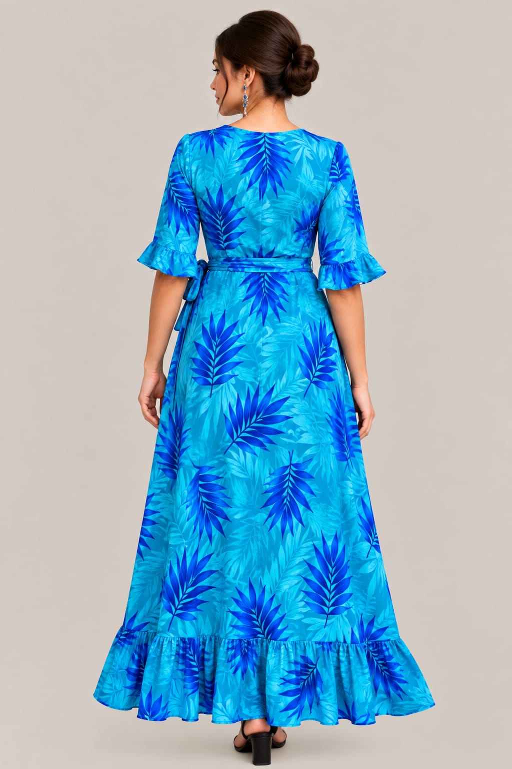 Women’s Blue Tropical Print Wrap Maxi Dress – V-Neck, Ruffle Sleeves & Tie Waist