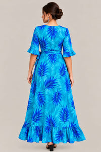 Women’s Blue Tropical Print Wrap Maxi Dress – V-Neck, Ruffle Sleeves & Tie Waist