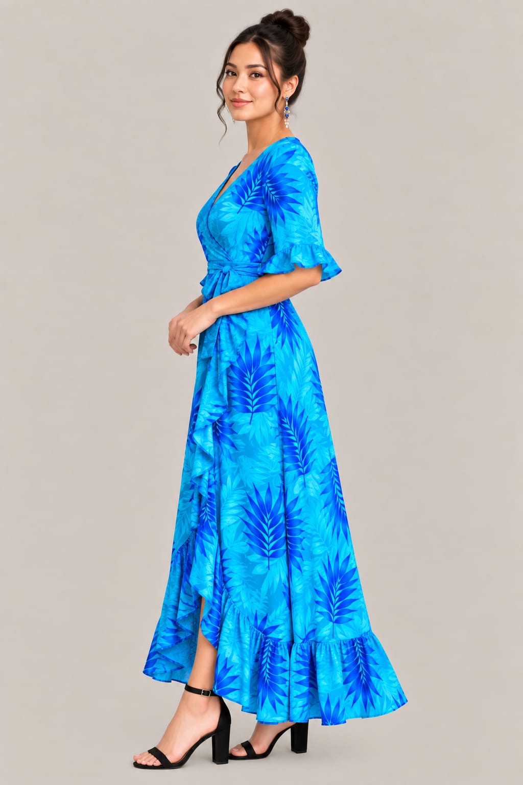 Women’s Blue Tropical Print Wrap Maxi Dress – V-Neck, Ruffle Sleeves & Tie Waist