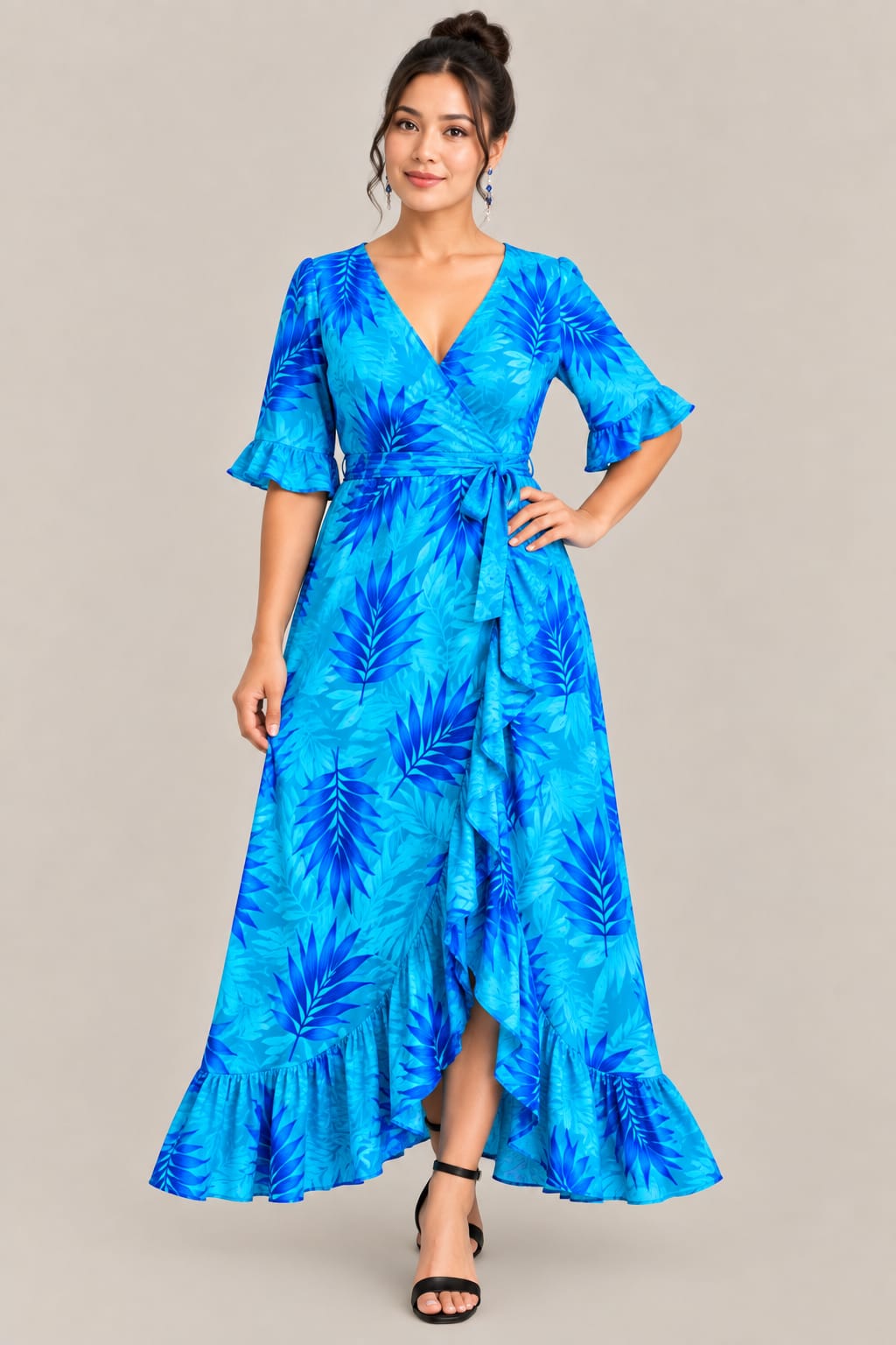 Women’s Blue Tropical Print Wrap Maxi Dress – V-Neck, Ruffle Sleeves & Tie Waist