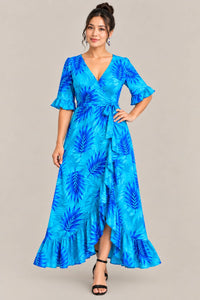 Women’s Blue Tropical Print Wrap Maxi Dress – V-Neck, Ruffle Sleeves & Tie Waist