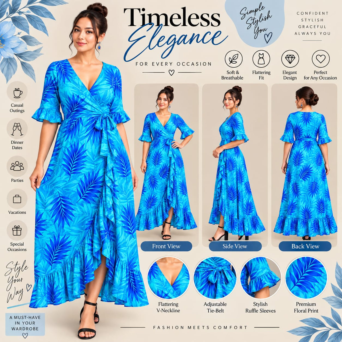 Women’s Blue Tropical Print Wrap Maxi Dress – V-Neck, Ruffle Sleeves & Tie Waist