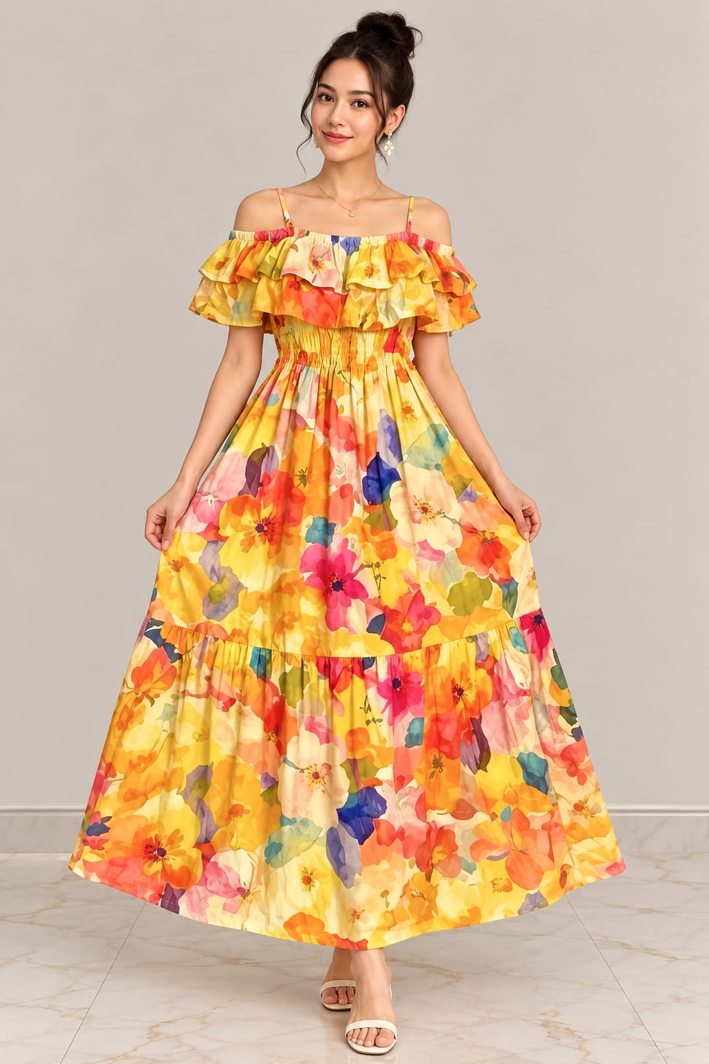 Women’s Floral Maxi Dress – Yellow Multicolor Print, Off-Shoulder Ruffle & Smocked Waist