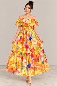 Women’s Floral Maxi Dress – Yellow Multicolor Print, Off-Shoulder Ruffle & Smocked Waist