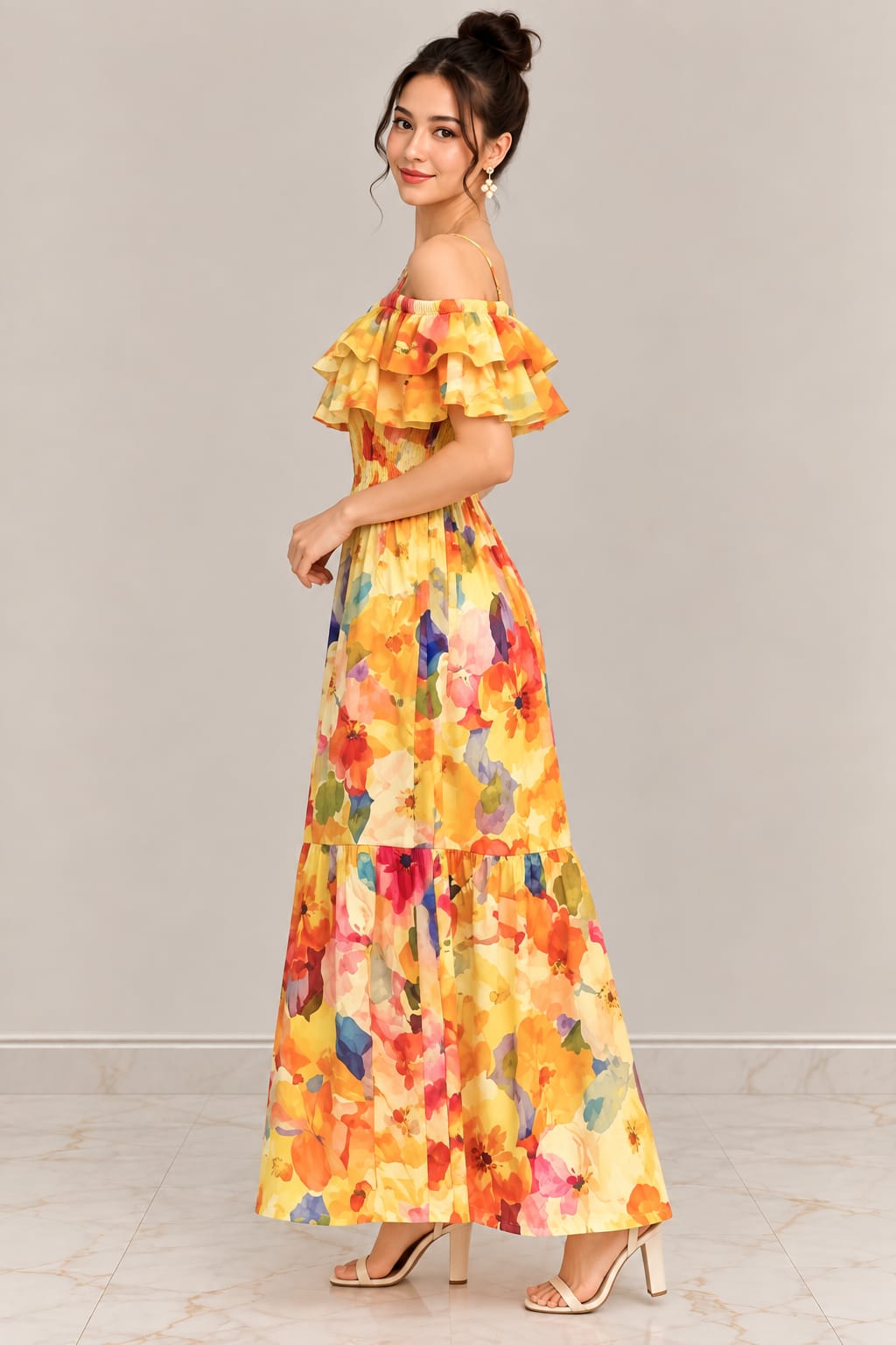Women’s Floral Maxi Dress – Yellow Multicolor Print, Off-Shoulder Ruffle & Smocked Waist