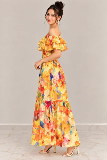 Women’s Floral Maxi Dress – Yellow Multicolor Print, Off-Shoulder Ruffle & Smocked Waist