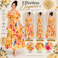 Women’s Floral Maxi Dress – Yellow Multicolor Print, Off-Shoulder Ruffle & Smocked Waist