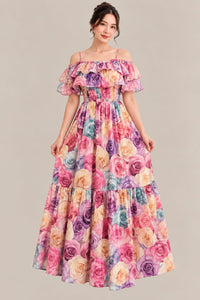 Women’s Floral Maxi Dress – Multicolor Rose Print, Off-Shoulder Ruffle & Smocked Waist