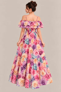 Women’s Floral Maxi Dress – Multicolor Rose Print, Off-Shoulder Ruffle & Smocked Waist