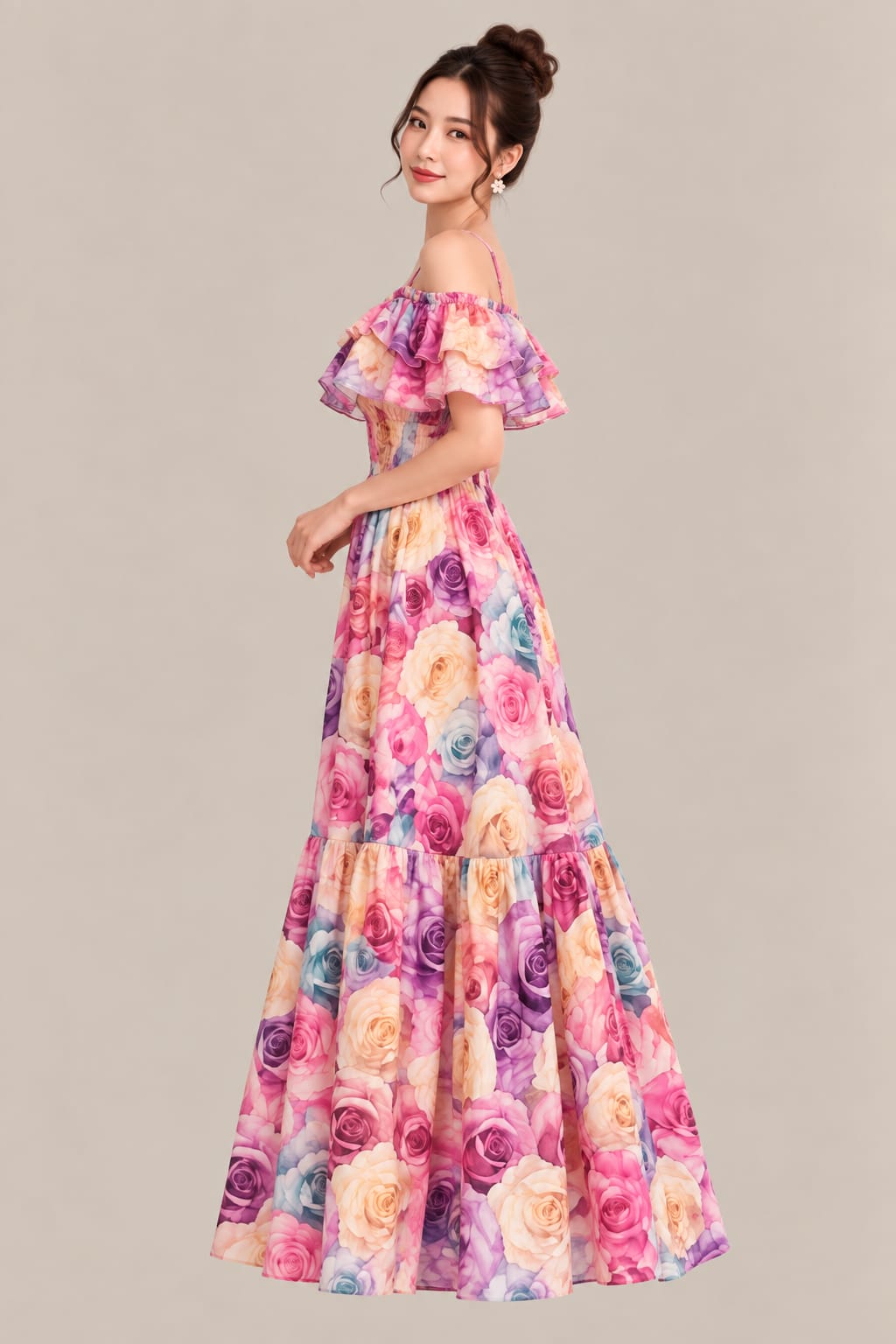 Women’s Floral Maxi Dress – Multicolor Rose Print, Off-Shoulder Ruffle & Smocked Waist