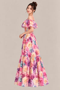 Women’s Floral Maxi Dress – Multicolor Rose Print, Off-Shoulder Ruffle & Smocked Waist