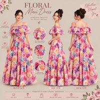 Women’s Floral Maxi Dress – Multicolor Rose Print, Off-Shoulder Ruffle & Smocked Waist