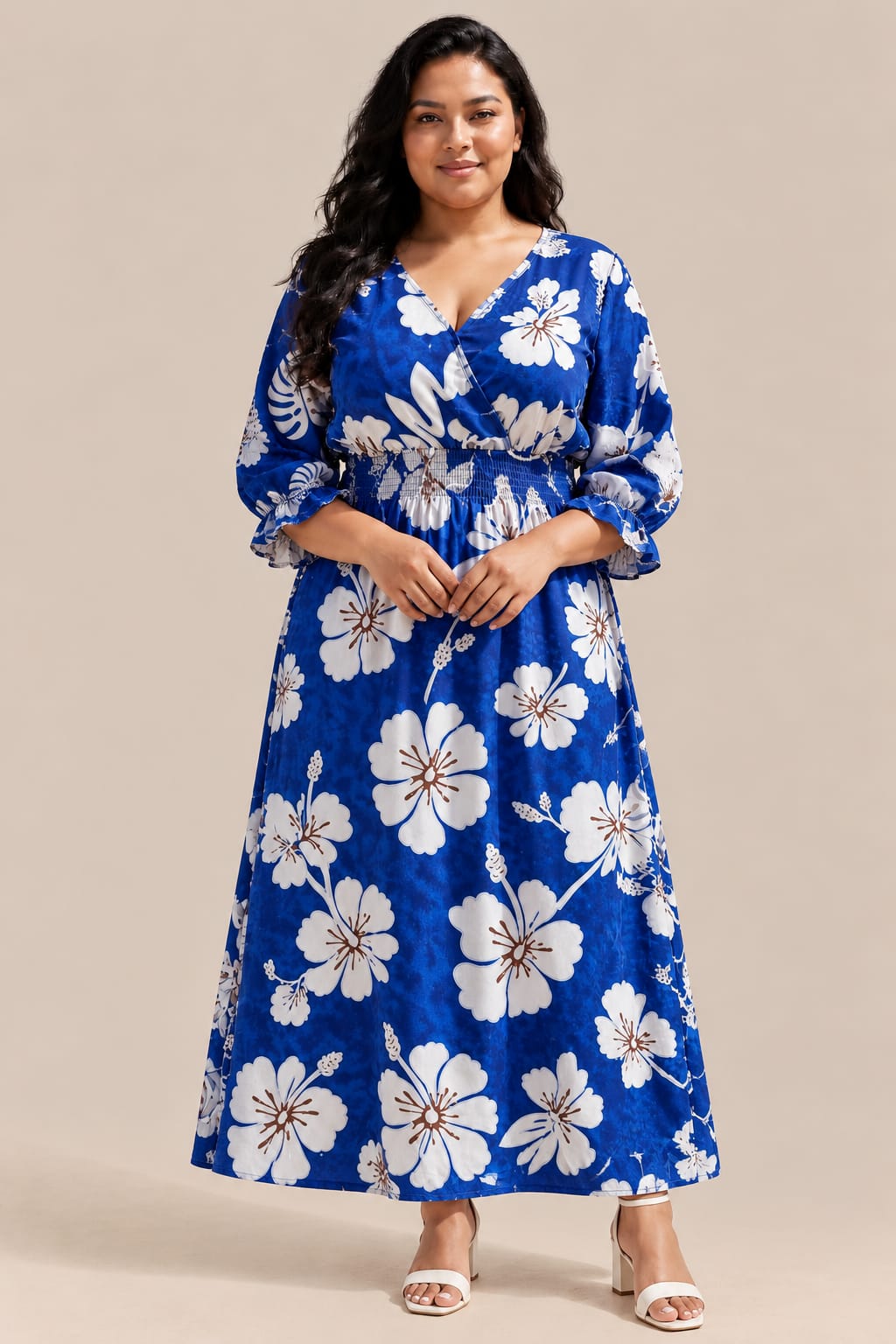 Women’s Blue Floral Maxi Dress – Tropical Print, V-Neck, Smocked Waist & Ruffle Sleeves