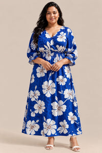 Women’s Blue Floral Maxi Dress – Tropical Print, V-Neck, Smocked Waist & Ruffle Sleeves